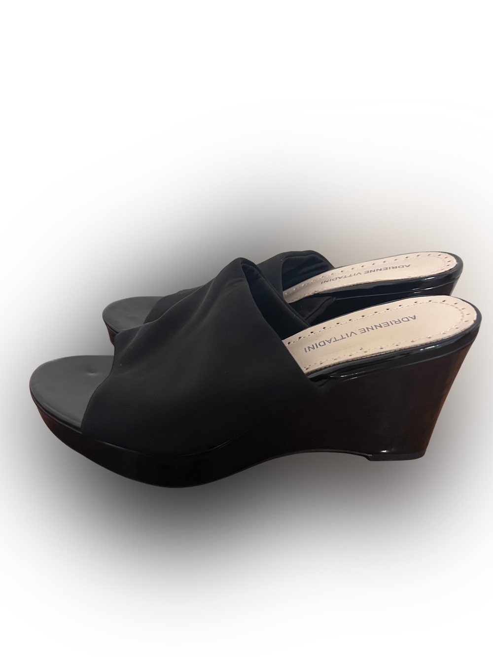 Adrienne Vittadini Black Wedge Platform Slides Patent Leather Sandals Size 7.5